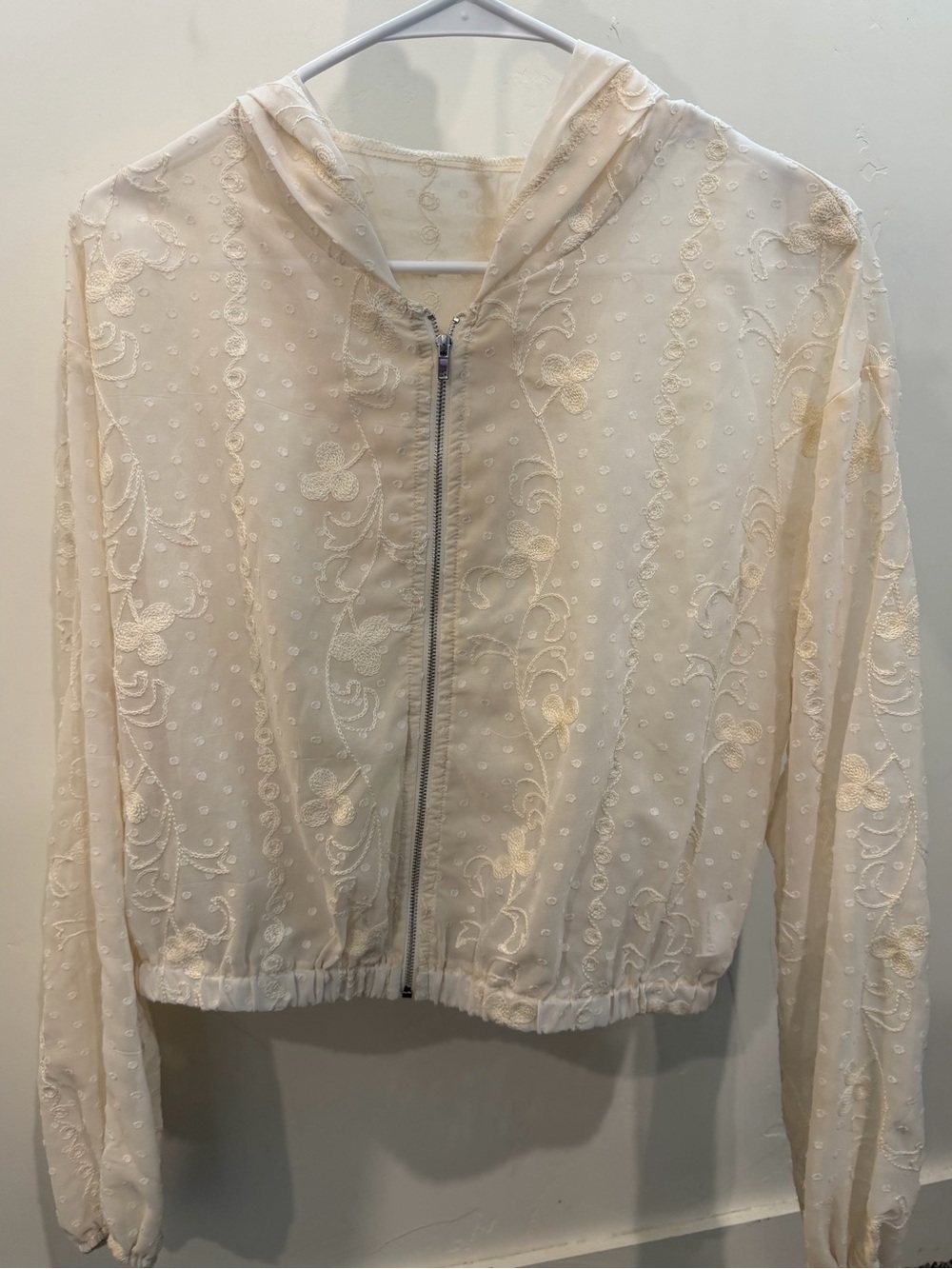 Sheer Embroidered Hooded Zip Jacket - Cream